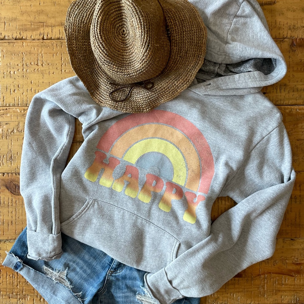 Screen Printed “Happy” Hooded Sweatshirt - Gray - Size Small
